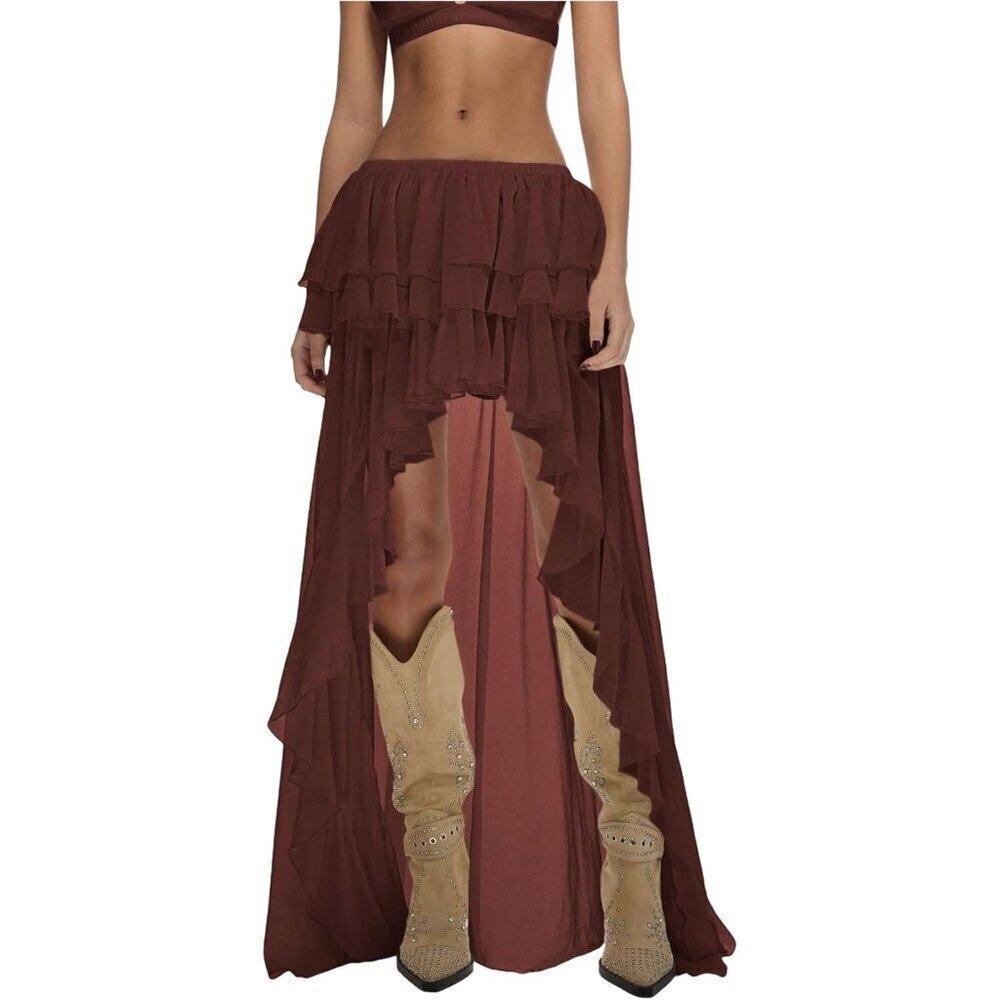 Women's Brown Boho Layered Ruffle Chiffon Maxi Western Asymmetrical Skirts